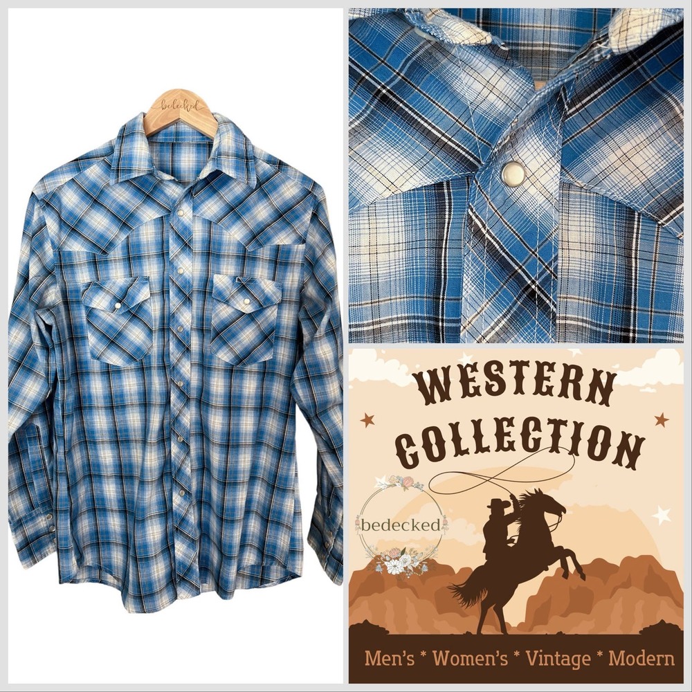 Western pearl snap shirt blue plaid size large no brand